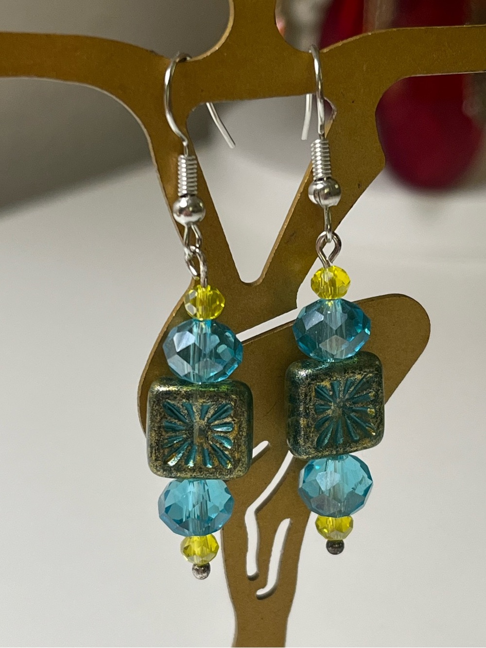 Handmade Czech Glass Tile & Crystal Dangle Earrings